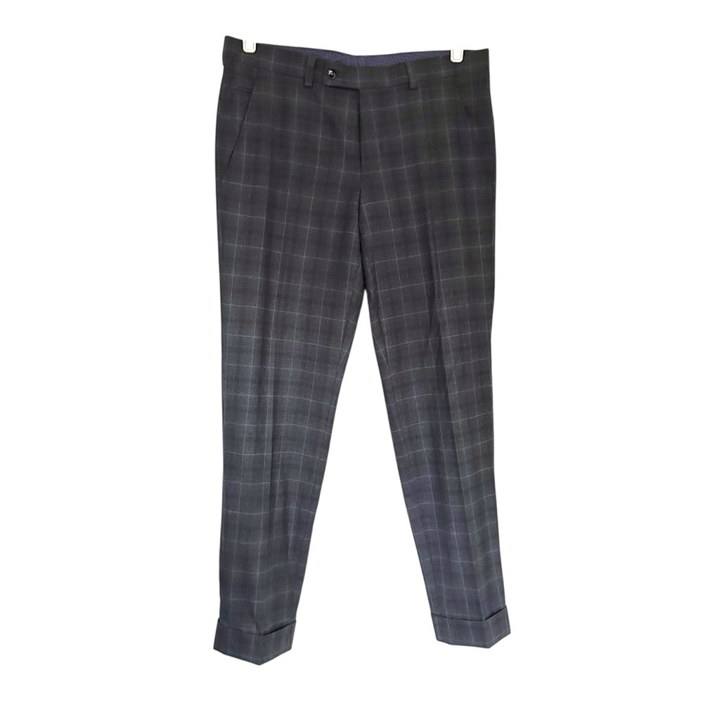TED BAKER London Wool Plaid Trousers 33R Union Made Canada Grey Windowpane - Picture 11 of 11